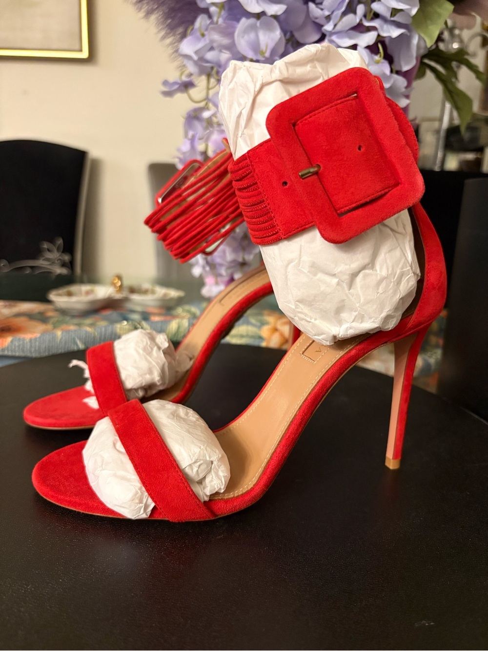 Aquazzura Red Suede Buckle Ankle-Strap Stiletto Sandals